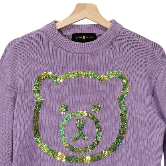 Teddy Fresh Sequin Bear Long sleeve Crew Neck Sweater Purple Size Small - Picture 3 of 8